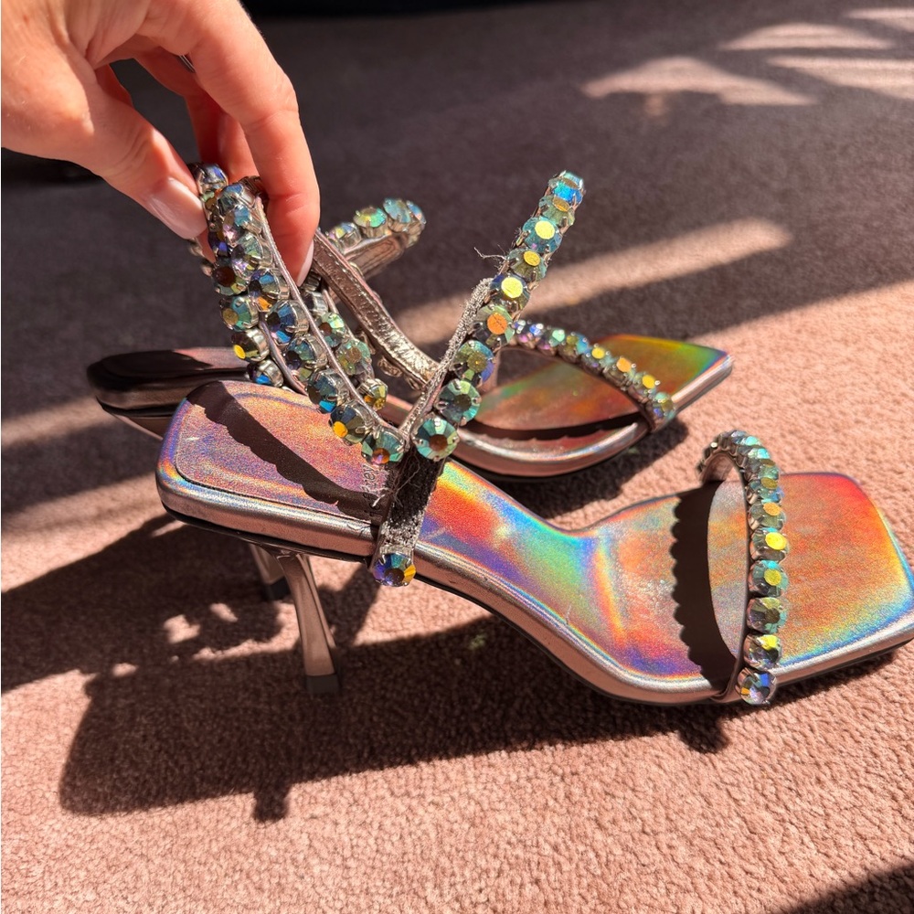 Crystal-Embellished Iridescent Strappy Heels - Women's